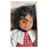 Doll in Box with Red Plaid Dress, White Collar and Red Shoes