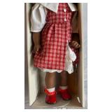 Doll in Box with Red Plaid Dress, White Collar and Red Shoes