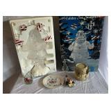 Noel Santa Centerpiece Christmas Decor Lot - Rudolph Ornament & Cardinal Glass