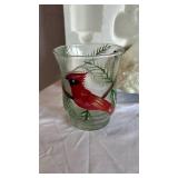 Noel Santa Centerpiece Christmas Decor Lot - Rudolph Ornament & Cardinal Glass
