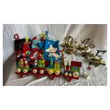 Assorted Christmas Decor - Stockings, Wooden Train Set & Noel Sign