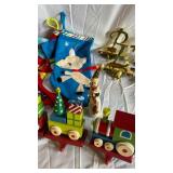 Assorted Christmas Decor - Stockings, Wooden Train Set & Noel Sign