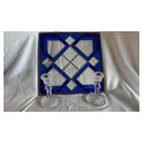 Blue Geometric Stained Glass Panel with Chain and Crystal Candle Holders