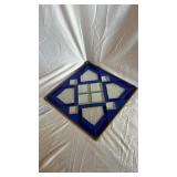 Blue Geometric Stained Glass Panel with Chain and Crystal Candle Holders