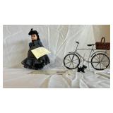 Vintage Doll with Dotted Dress & Miniature Metal Bicycle with Basket (Lot of 4)