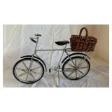 Vintage Doll with Dotted Dress & Miniature Metal Bicycle with Basket (Lot of 4)