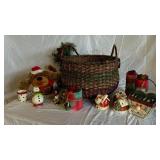 Assorted Christmas Decor - Handcrafted LED House Figures, Snowmen & Woven Basket