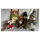 Christmas Decor Assortment - Snowmen & Plush Dogs on Wooden Sled Display