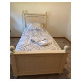 White Wood Twin Bed Frame with Turned Ball-Top Posts and Carved Headboard
