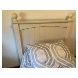 White Wood Twin Bed Frame with Turned Ball-Top Posts and Carved Headboard