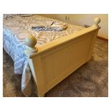 White Wood Twin Bed Frame with Turned Ball-Top Posts and Carved Headboard