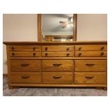 Oak Wood Dresser with Mirror - Large Traditional Vanity Cabinet