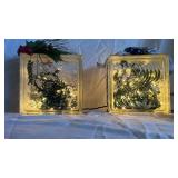 Assorted LED-Illuminated Glass Blocks with Ribbon & Greenery (Lot of 2)