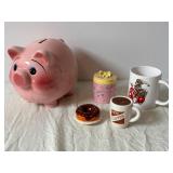 Piggy Bank & Assorted Ceramic Mugs, Gift Tins & Decor
