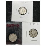 3 US MERCURY DIMES 1927P-D-S