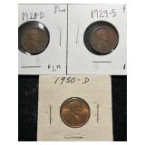 3 US WHEAT CENTS 1928-D 1929-S 1950-D