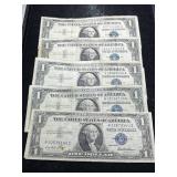 GROUP OF 5 US BLUE SEAL $1 SILVER CERTIFICATES