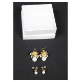Gold-Tone Filigree Pearl Drop Earrings with Red Gem Accents (Lot of 2)