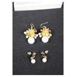 Gold-Tone Filigree Pearl Drop Earrings with Red Gem Accents (Lot of 2)