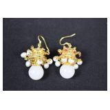 Gold-Tone Filigree Pearl Drop Earrings with Red Gem Accents (Lot of 2)