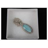Oval Blue Cabochon Pendant Necklace - .925 Sterling Silver