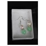 Pink Pearl & Green Bead Earrings (Pair)Sterling Silver .925