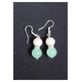 Pink Pearl & Green Bead Earrings (Pair)Sterling Silver .925