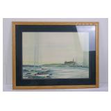 Frank Zeller Watercolor Harbor Scene with Boats, Framed 36 x 28 Inches