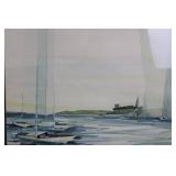 Frank Zeller Watercolor Harbor Scene with Boats, Framed 36 x 28 Inches