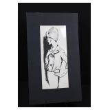 Framed Monochrome Fashion Illustration Print - Woman in Hat and Coat 12' x 21'