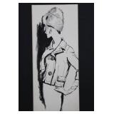 Framed Monochrome Fashion Illustration Print - Woman in Hat and Coat 12' x 21'