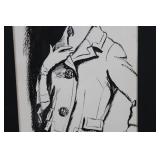 Framed Monochrome Fashion Illustration Print - Woman in Hat and Coat 12' x 21'