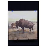 Geri Arnold Bison on the Plains Landscape Painting 13.5' x 13.5'