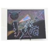 Abstract Neon Geometric Painting - Horned Head Figure with Ladder Rocket on Canvas