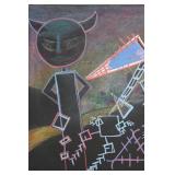 Abstract Neon Geometric Painting - Horned Head Figure with Ladder Rocket on Canvas