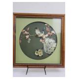 Shell Mosaic Artwork - Birds on Branch in Round Panel, Framed Wood