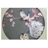 Shell Mosaic Artwork - Birds on Branch in Round Panel, Framed Wood