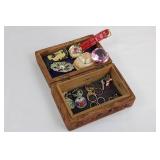 Carved Wood Box with Vintage Costume Jewelry - Watch, Brooches, Rings & Pins