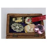 Carved Wood Box with Vintage Costume Jewelry - Watch, Brooches, Rings & Pins