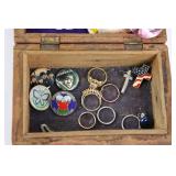 Carved Wood Box with Vintage Costume Jewelry - Watch, Brooches, Rings & Pins