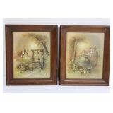 Andres Orpinas Pair of Vintage Framed Landscape Prints - Village Bridge Scenes