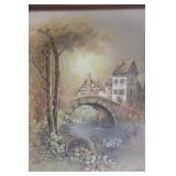 Andres Orpinas Pair of Vintage Framed Landscape Prints - Village Bridge Scenes