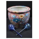 Pink Floral Chinese Porcelain Vase with Two Blue Glass Spoons (Lot of 3)