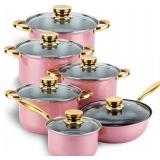 12 Piece Pink Stainless Steel Cookware Set, 6 Pots & 6 Lids, Starter Set - Brand New