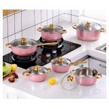 12 Piece Pink Stainless Steel Cookware Set, 6 Pots & 6 Lids, Starter Set - Brand New