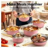 12 Piece Pink Stainless Steel Cookware Set, 6 Pots & 6 Lids, Starter Set - Brand New