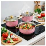 12 Piece Pink Stainless Steel Cookware Set, 6 Pots & 6 Lids, Starter Set - Brand New