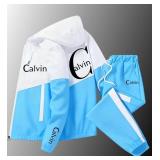Calvin Jogging Set Zip-Up Hoodie & Pants - Blue & White - Men's Size Small - Brand New