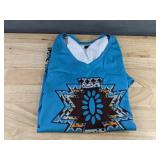 Women's V-Neck Long Sleeve Top - Turquoise Blue Tribal Print with Brown Accents - Size Medium - Brand New