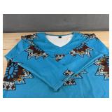 Women's V-Neck Long Sleeve Top - Turquoise Blue Tribal Print with Brown Accents - Size Medium - Brand New